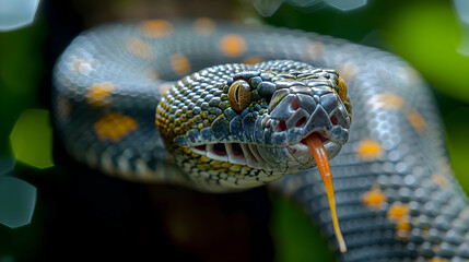 Fototapeta premium Amazon Tree Boa head, its tongue flicking out with a blurred background