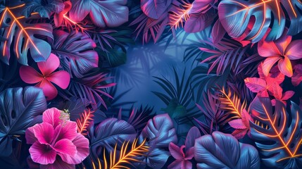 A vibrant and botanical-themed frame made of neon lights, perfect for adding a touch of nature to any digital design.