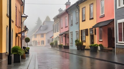 Obraz premium quiet street in a small town, with rain pouring down on colorful houses and creating a soft, misty ambiancecontrast to the grey outside