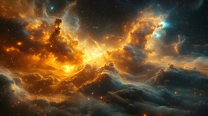 Fototapeta premium Immense galactic tapestry of glowing celestial bodies and dynamic cosmic phenomena,captured in a mesmerizing futuristic space opera with a vibrant prismatic color palette and digital painting style.