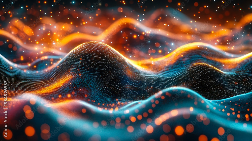 Poster abstract digital network waves with glowing particles and dynamic data flow, futuristic technology c