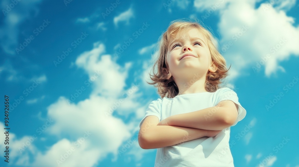 Wall mural a young girl with blonde hair looks up at the sky with a smile on her face. she is wearing a white t