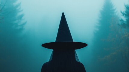 Fototapeta premium Elegance in the Enchanted Woods: High-Fashion Witch Hat with Veil Embracing Spooky Style