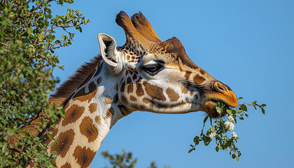 Obraz premium Giraffe in nature, spotted beauty, horned animal portrait generated by AI