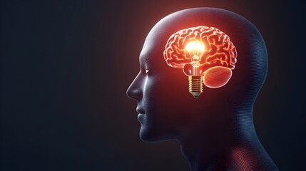 Innovative 3D digital of a human head with a glowing lightbulb brain,representing the power of creativity,innovation,and marketing insights to find solutions and drive progress.