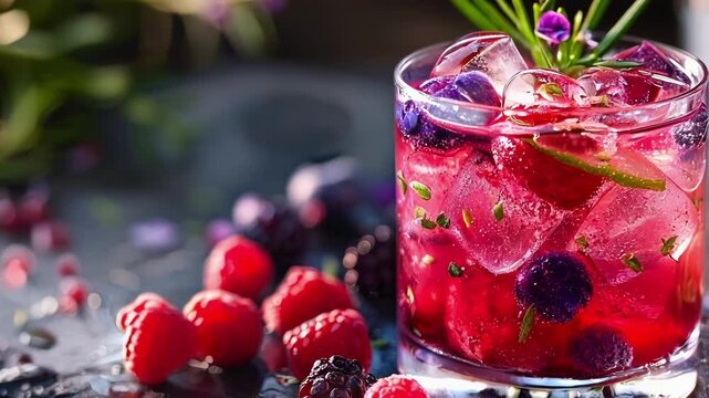 Vibrant, chilled cocktail sits on a dark slate amongst fresh berries and sprigs of rosemary, with more fresh berries out of focus in the background