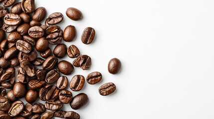Naklejka premium Aromatic Coffee Bean Cascade: Rich, dark roasted coffee beans spill onto a clean white background, offering a minimalist perspective on this beloved beverage. 