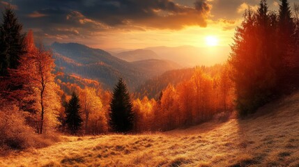 Golden Sunset Over Autumnal Forest Landscape