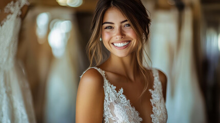 Naklejka premium Radiant Bride Smiling in Luxurious Lace Wedding Dress at Bridal Boutique, Happy Woman, Wedding Preparation, Elegant Bridal Fashion, Joyful Bride Shopping Experience
