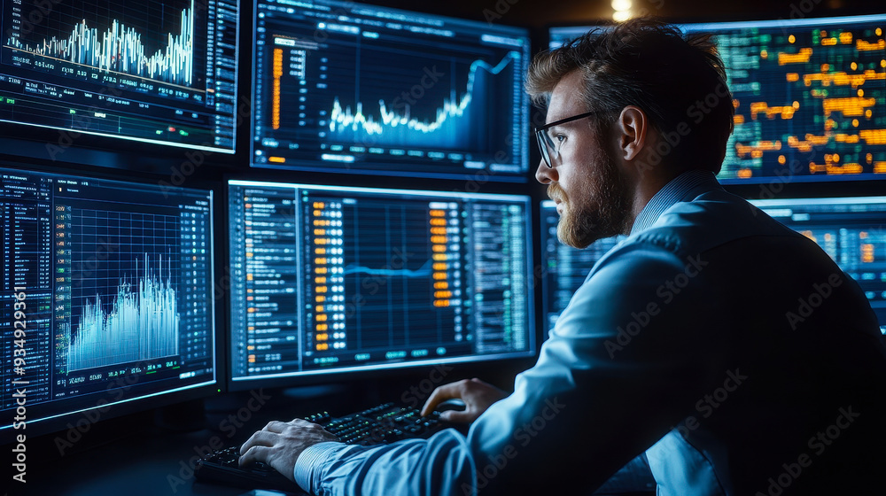 Poster high-tech control room: professionals analyzing live data on multiple screens, monitoring real-time 