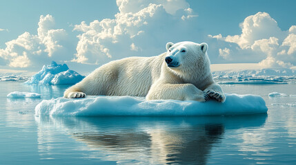 Naklejka premium Polar Bear Resting on Melting Ice Floe Highlighting Climate Change and Arctic Wildlife Endangerment