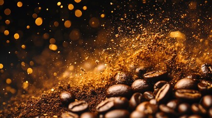Coffee Explosion: A captivating close-up of freshly ground coffee beans, erupting in a cloud of aromatic dust against a backdrop of shimmering golden bokeh. 