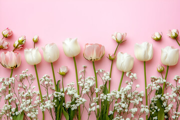 A vibrant display of pink tulips and a delicate white bouquet of gypsophila flowers set against a soft pink background embodying a concept perfect for Mother s Day or a birthday celebration 
