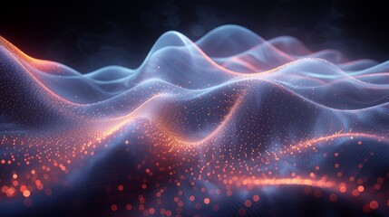 Fototapeta premium Abstract digital landscape with glowing waves and sparkling particles in a dark setting
