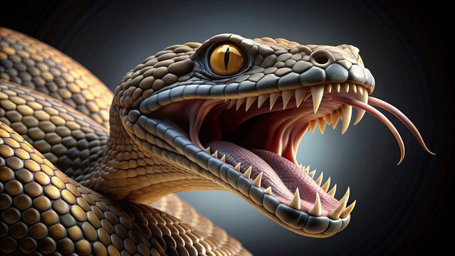 A scary realistic snake with fangs ready to strike , snake, scary, realistic, fangs, venomous, slithering, hissing