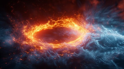 Swirling fire and ice vortex in a cosmic landscape with contrasting colors and dynamic energy