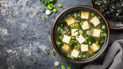 Steaming bowl of miso soup with tofu and seaweed.