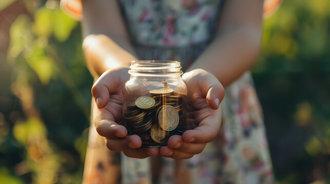 A child holding a money jar, symbolizing donation, saving, and fundraising for charity amidst 