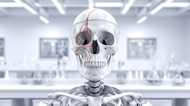 Human skeleton model displayed in a laboratory, concept of medical education and anatomical study