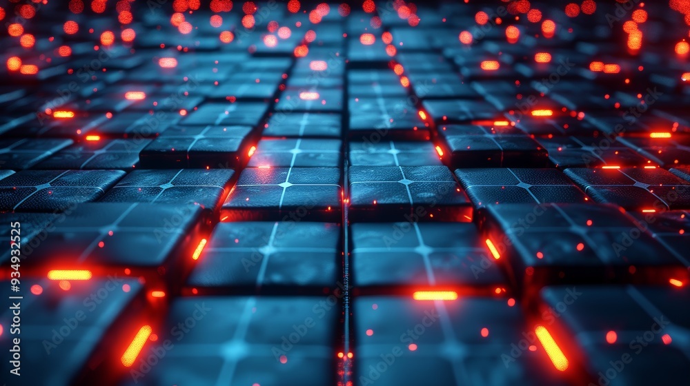 Poster abstract close-up of illuminated grid pattern with glowing red and blue elements in a futuristic des