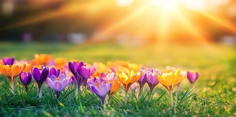 Beautiful purple blooming flowers in the sunlight. Spring crocus blossoms. Spring wildflowers. Stock.