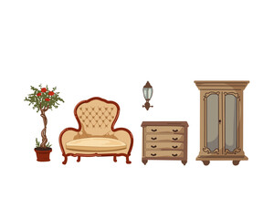 The set of retro furniture: Wardrobe, dresser, sofa and potted decorativ flowers