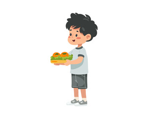 Boy with fruits and greens of food on a white background in the vector illustration style