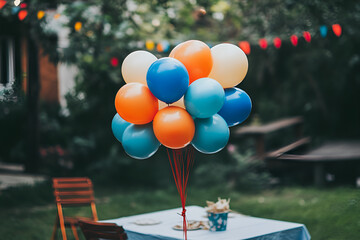Festive backyard party setup with red, white, and blue balloons. Picnic table with checkered tablecloth under patriotic bunting in garden.