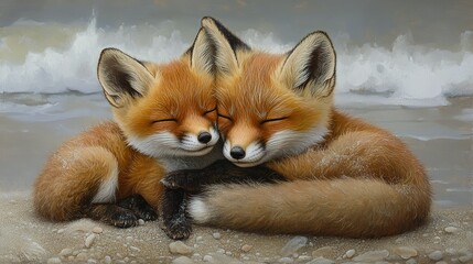 Two Red Fox Kits Cuddling on a Beach