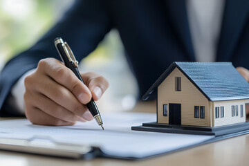 Real estate agent holding home and signing a contract about the agreement of real property on desk, businessman writing on document form rent house, broker and planning investment, business concept.