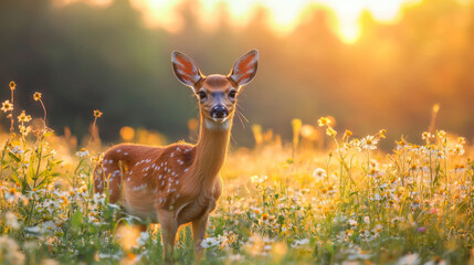 A deer is standing in a field of flowers
