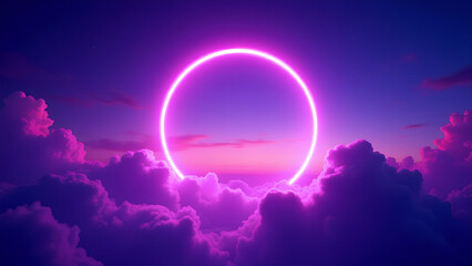 Glowing neon circle in vibrant cloudy sky abstract colorful night sky with neon lights purple and blue gradient background