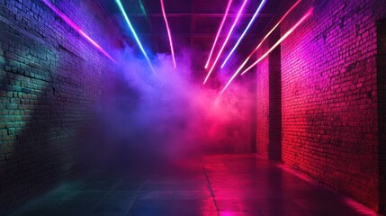Brick Corridor with Neon Lights and Smoke