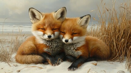Obraz premium Two Red Foxes Huddled Together on a Sandy Beach