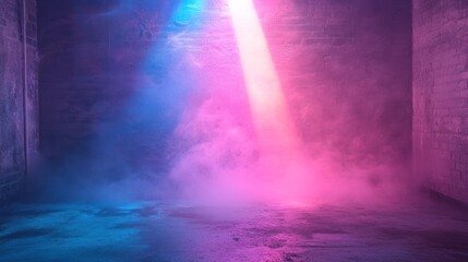 Pink and Blue Neon Light Illuminates a Foggy Brick Room