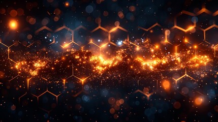 Abstract orange and blue pattern with glowing elements on a dark background