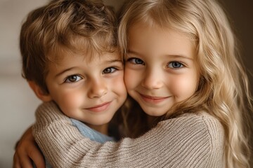 Children, brother and sister siblings kiss on cheek in family portrait with love and care. Kids, hug and smile together with support for boy and girl on an isolated, white background, Generative AI