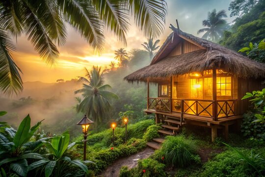 Secluded tropic nipa hut mix with twisted vines, lantern-lit windows, soft misty morning, warm golden light, earthy tones, serene atmosphere, evoking sense of tranquility and escapism.