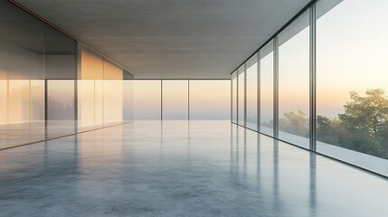 Fototapeta premium Sunrise Serenity: Modern Empty Office Space with Panoramic Views