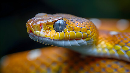 Fototapeta premium Amazon Whipsnake head, its eyes and scales detailed with a soft focus background
