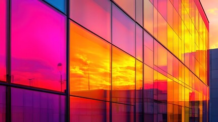 Urban Sunset Blaze:  A modern building's vibrant glass facade reflects the fiery hues of a breathtaking sunset