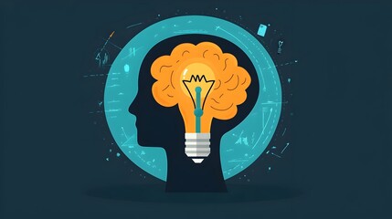 Silhouette of a human head with a light bulb as the brain,symbolizing creative thinking,innovative ideas,problem-solving,and intellectual growth.
