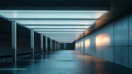 Fototapeta premium Concrete Corridor: A minimalist architectural masterpiece with a futuristic edge. A sleek, concrete corridor bathed in the soft glow of artificial light. 