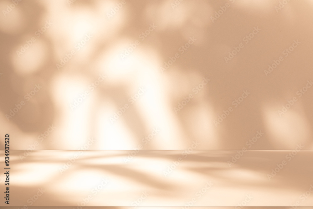 Poster wall interior background, studio and backdrops show products. with leaf shadow from window color bei