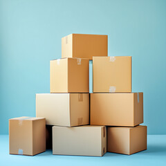 Obraz premium A collection of brown cardboard boxes arranged in a pyramid shape against a soft blue backdrop, showcasing a clean and organized setting ideal for shipping