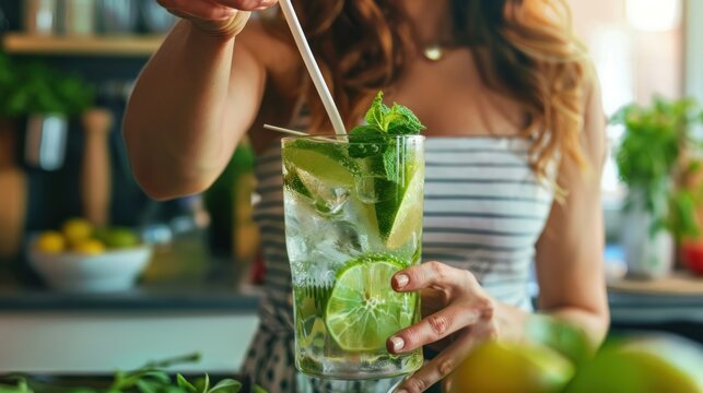 A young woman pours water from a glass bottle, mixes alcoholic drinks, makes cocktails with lemons in her kitchen at home. - Powered by Adobe