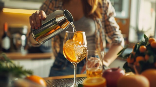 A beautiful young woman mixing soda from a can into wine glasses to make a cocktail drink in the kitchen for a large group of people at her home.