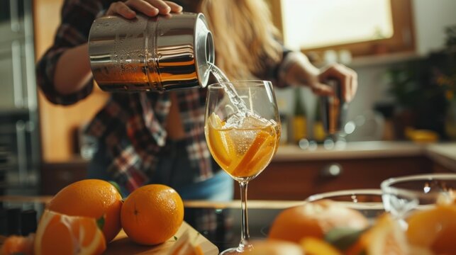 A beautiful young woman mixing soda from a can into wine glasses to make a cocktail drink in the kitchen for a large group of people at her home.