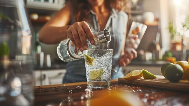 A beautiful young woman mixing soda from a can into wine glasses to make a cocktail drink in the kitchen for a large group of people at her home. - Powered by Adobe