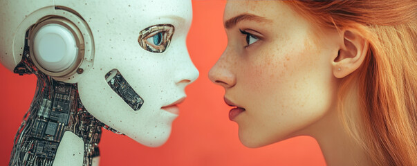 A robot and a woman are facing each other